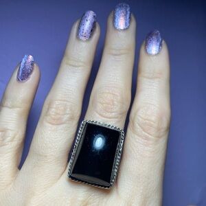 VINTAGE BLACK ONYX NATURAL STONE IN 925 STERLING SILVER RING